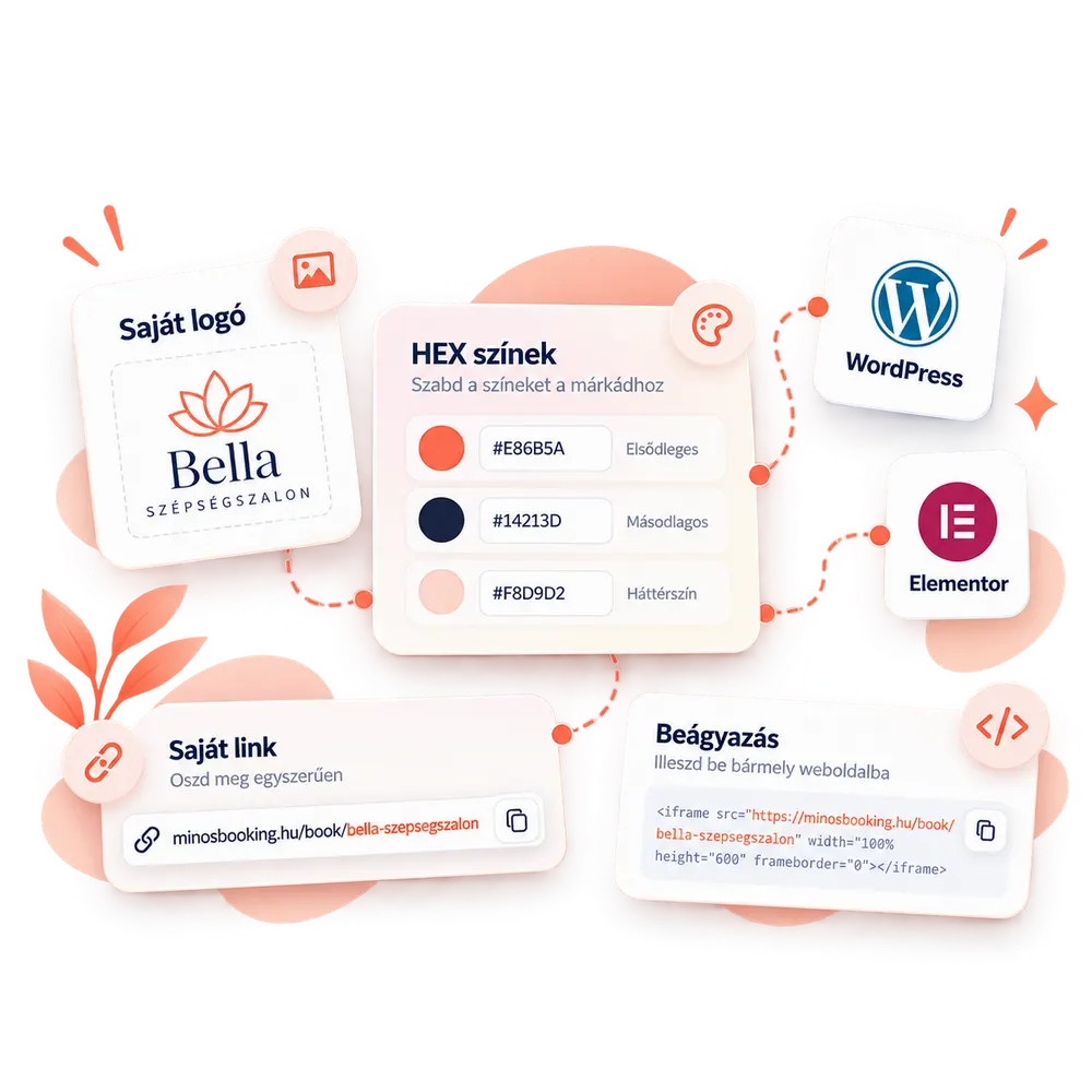 Saját logó, saját HEX színek, saját foglalási link, beágyazó kód, WordPress és Elementor