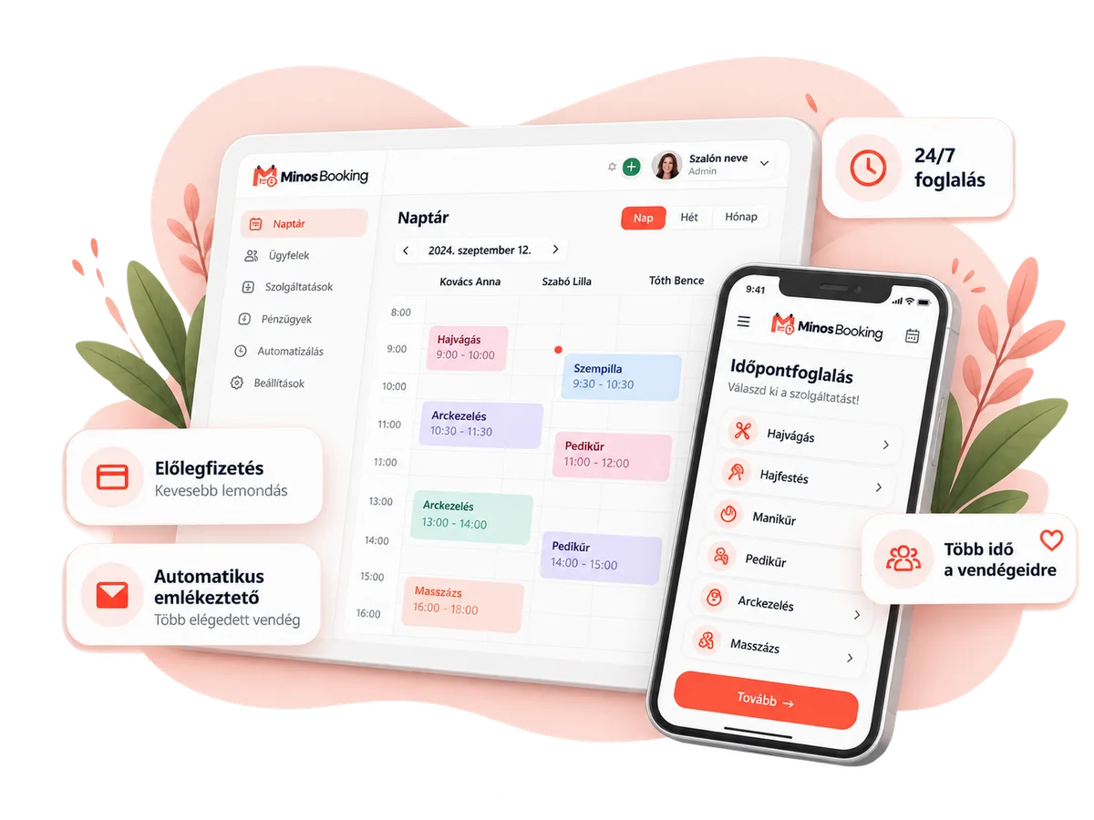 A Minos Booking admin naptára táblagépen és a vendég foglalóoldala telefonon