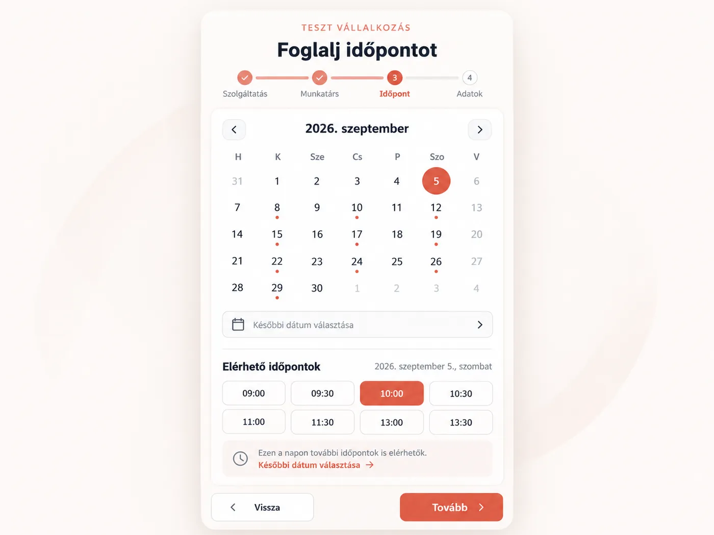 Foglalóoldal telefonon: szolgáltatások, szabad időpontok és a foglalás gomb