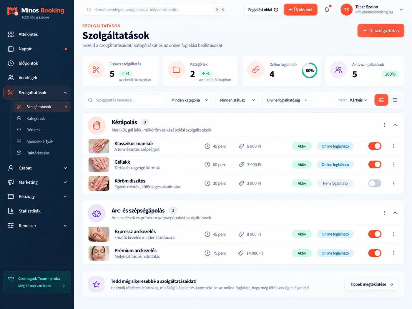 Minos Booking admin – szolgáltatások kezelése